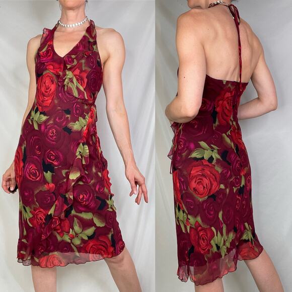 bebe 100% silk rose floral print halter slip dress slipdress fairy roses red S - Picture 16 of 16